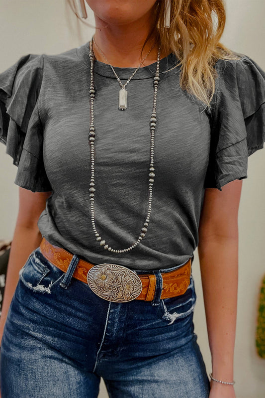 Dark Grey Ruffle Short Sleeve Top
