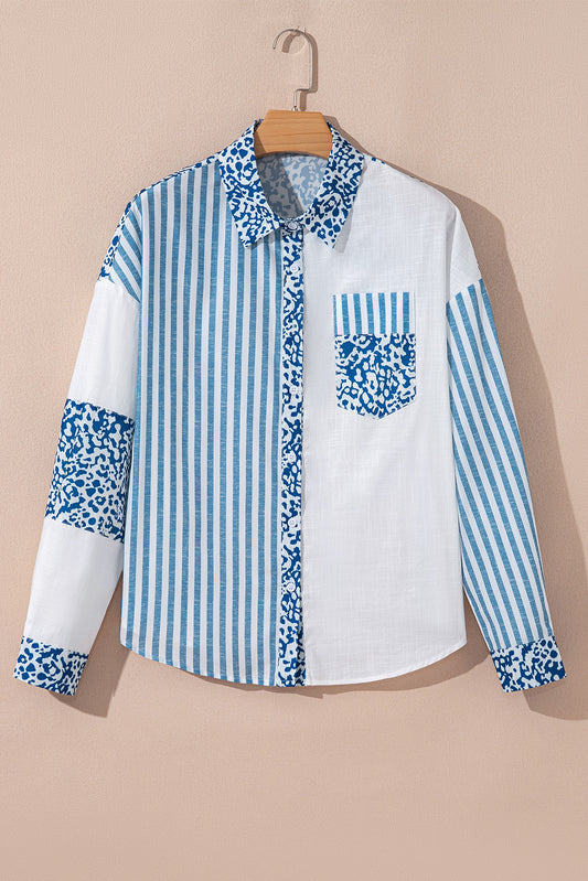 Blue Leopard Striped Button Up Shirt