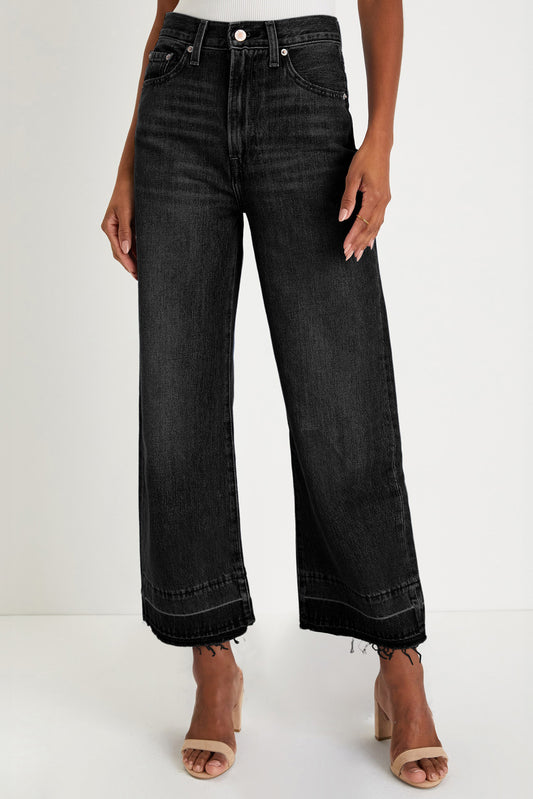 Black Raw Hem Straight Leg Jeans