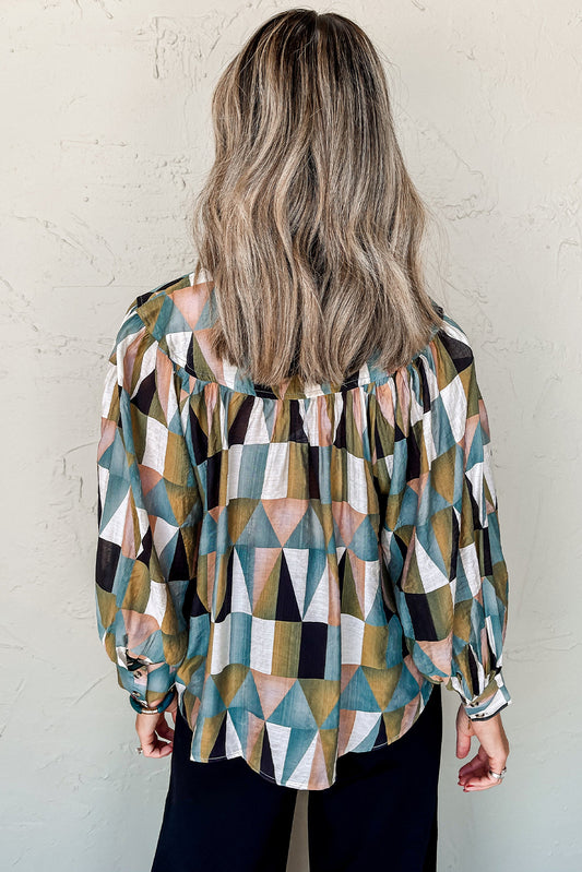 Green Geometric Print Buttoned Balloon Sleeve Blouse