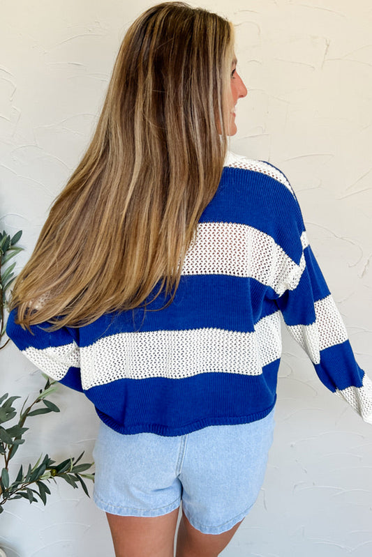 Blue Stripe Colorblock Crochet Knitted Sweater