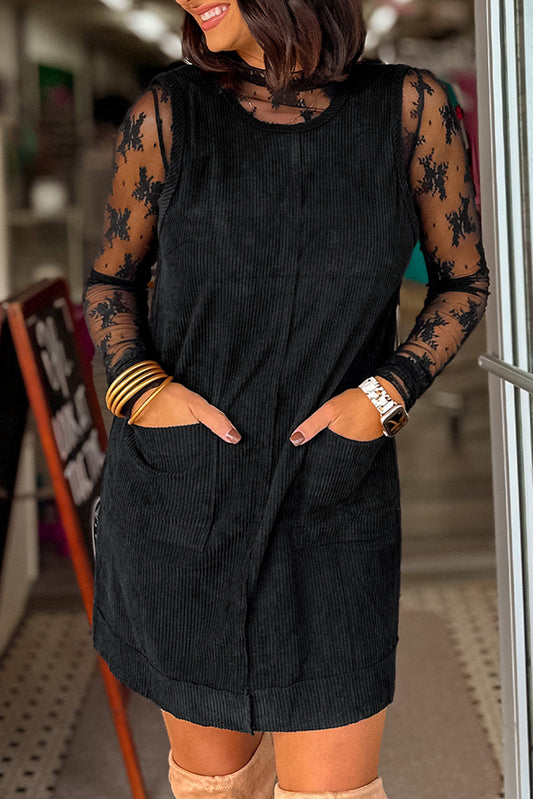 Black Corduroy Mini Dress With Pockets