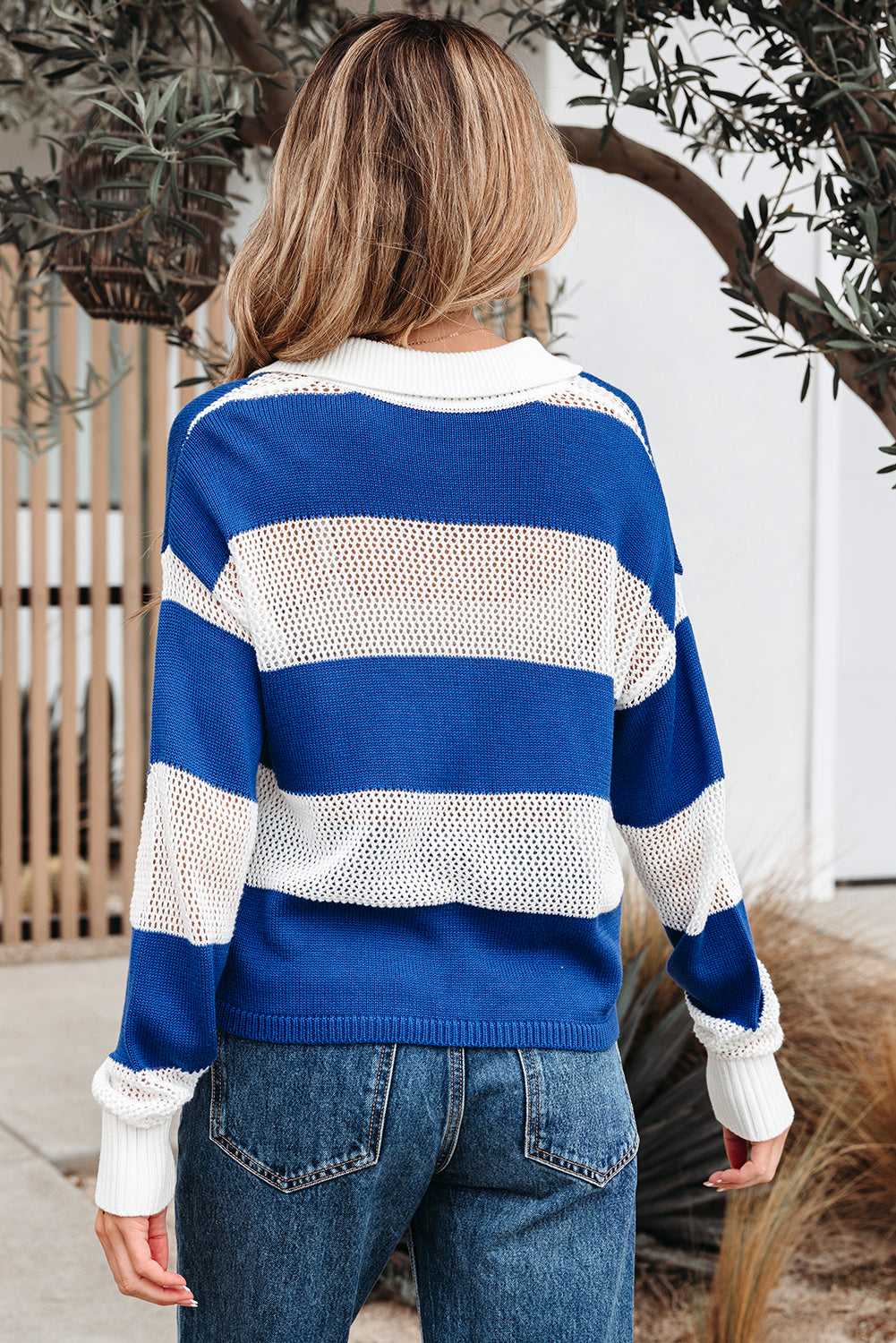 Blue Stripe Colorblock Crochet Knitted Sweater