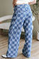 Blue Checkered Denim Wide Leg Jeans