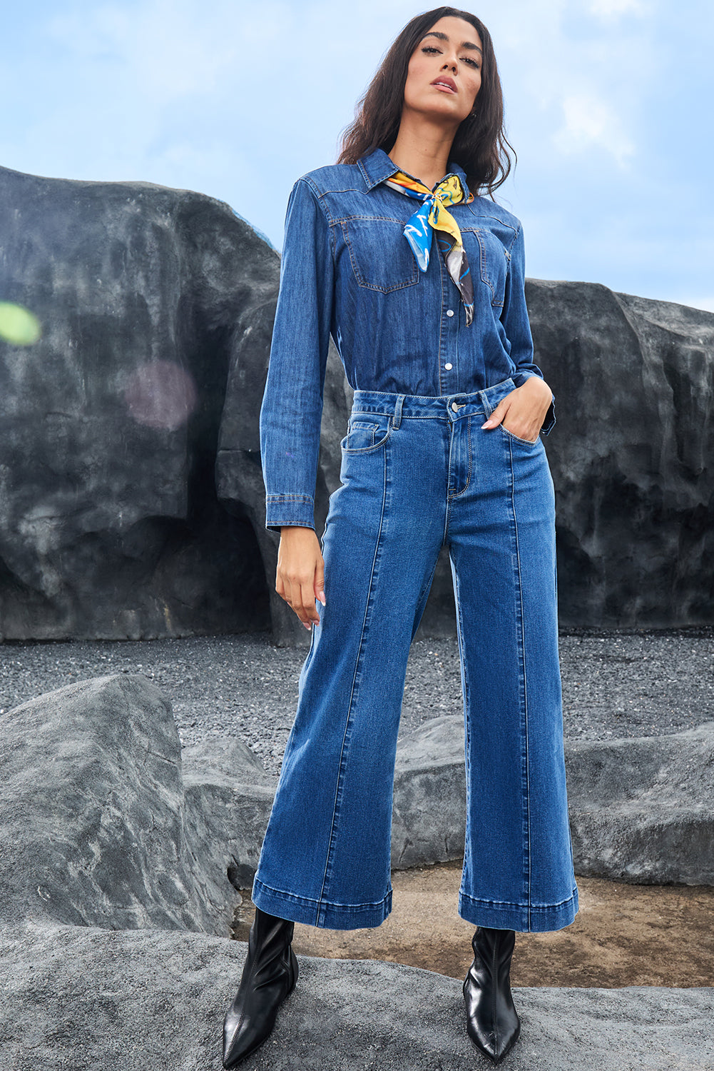 Dark Blue Flared Ankle Length Jeans