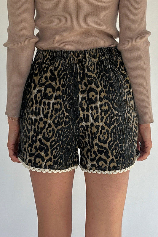 Lace Trim Leopard Denim Shorts