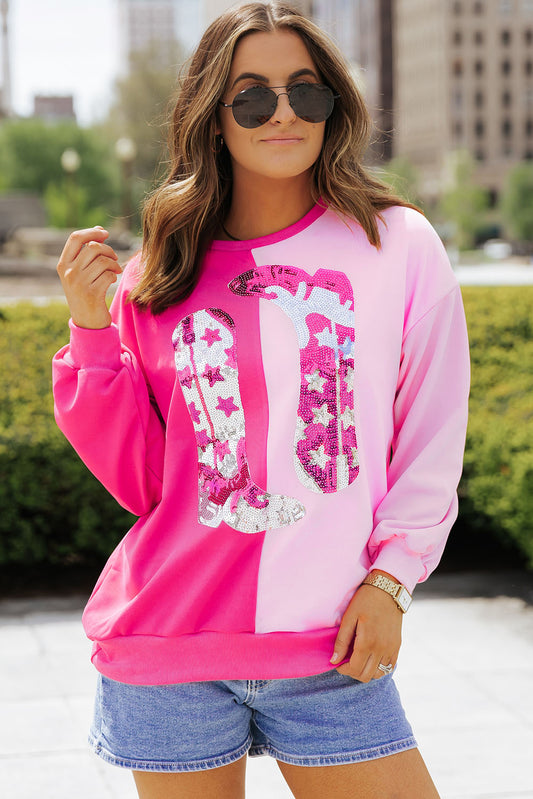 Pink Color Block Sequined Cowgirl Boots Sweatshirt