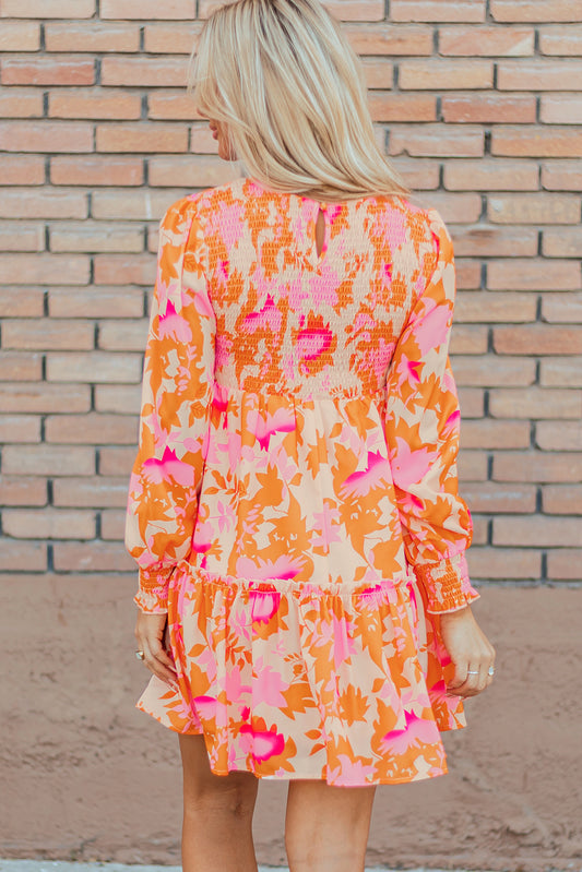 Orange Abstract Print Smocked Mini Dress