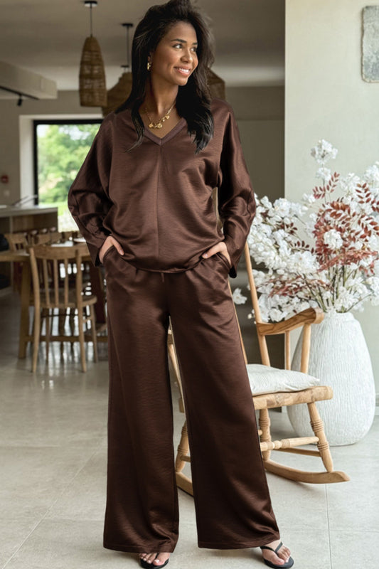 Brown V Neck Lounge Set
