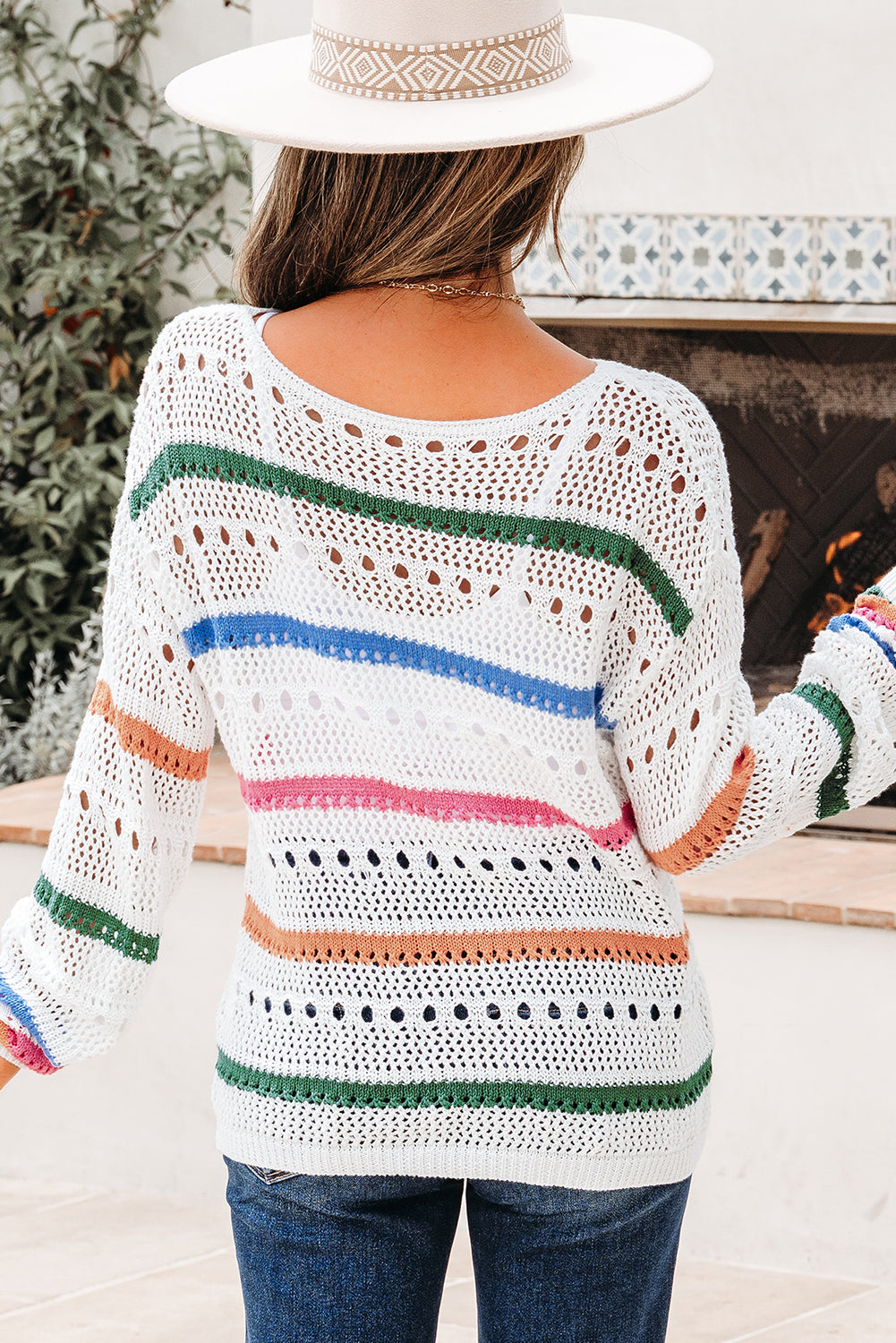 White Color Block Striped Knit Sweater