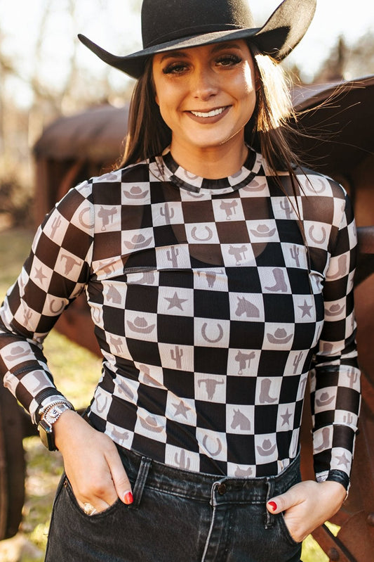 Black Checkerboard Western Elements Printed Mesh Top