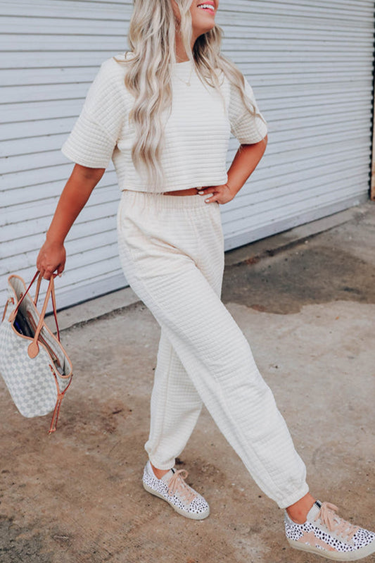 White Textured Cropped Tee and Jogger Pants Set