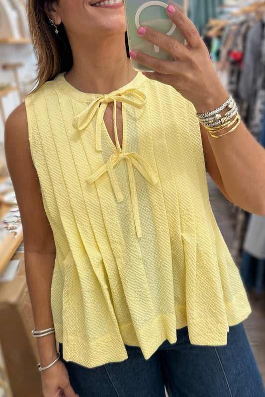 Yellow Bow Tie Notched Neck Pleated Tank Top