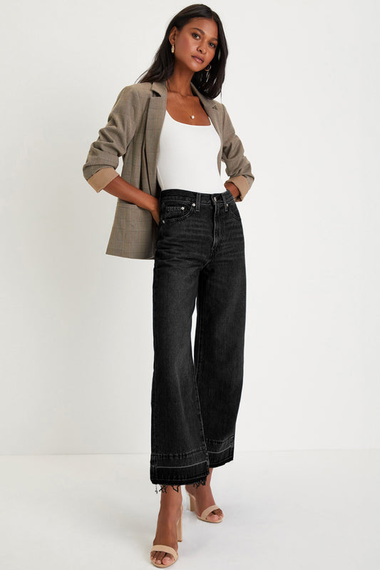 Black Raw Hem Straight Leg Jeans