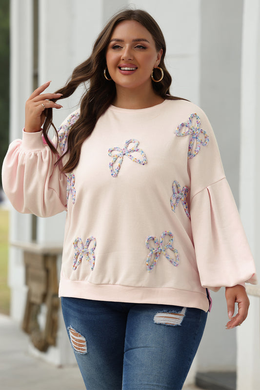 Embroidered Bow Lantern Sleeve Oversized Pullover