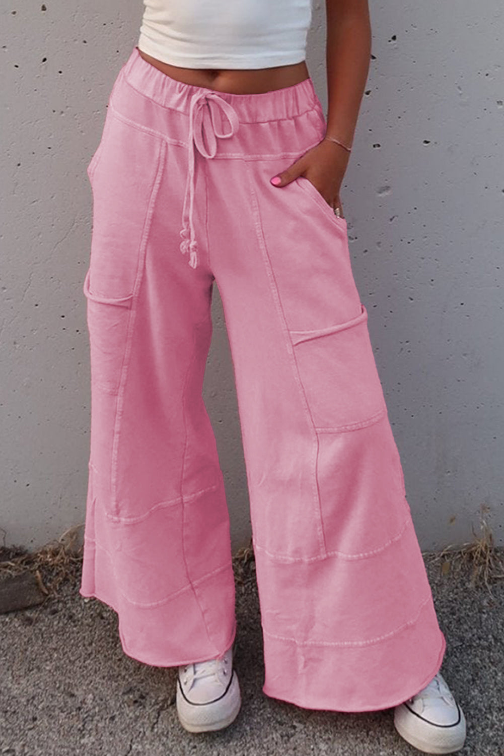 Mineral Wash Drawstring High Waist Wide Leg Cargo Pants