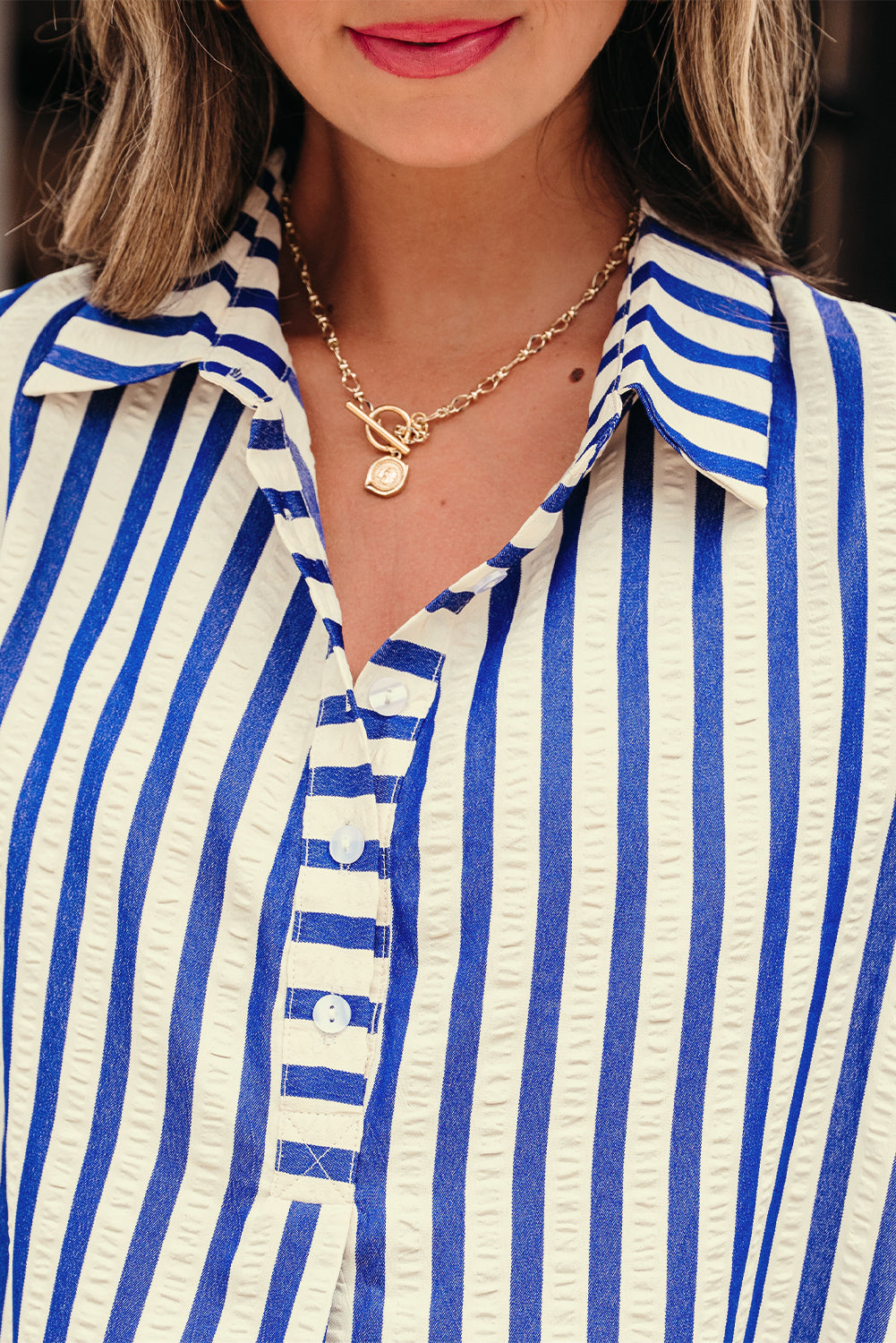 Blue Stripe Half Button Mini Dress