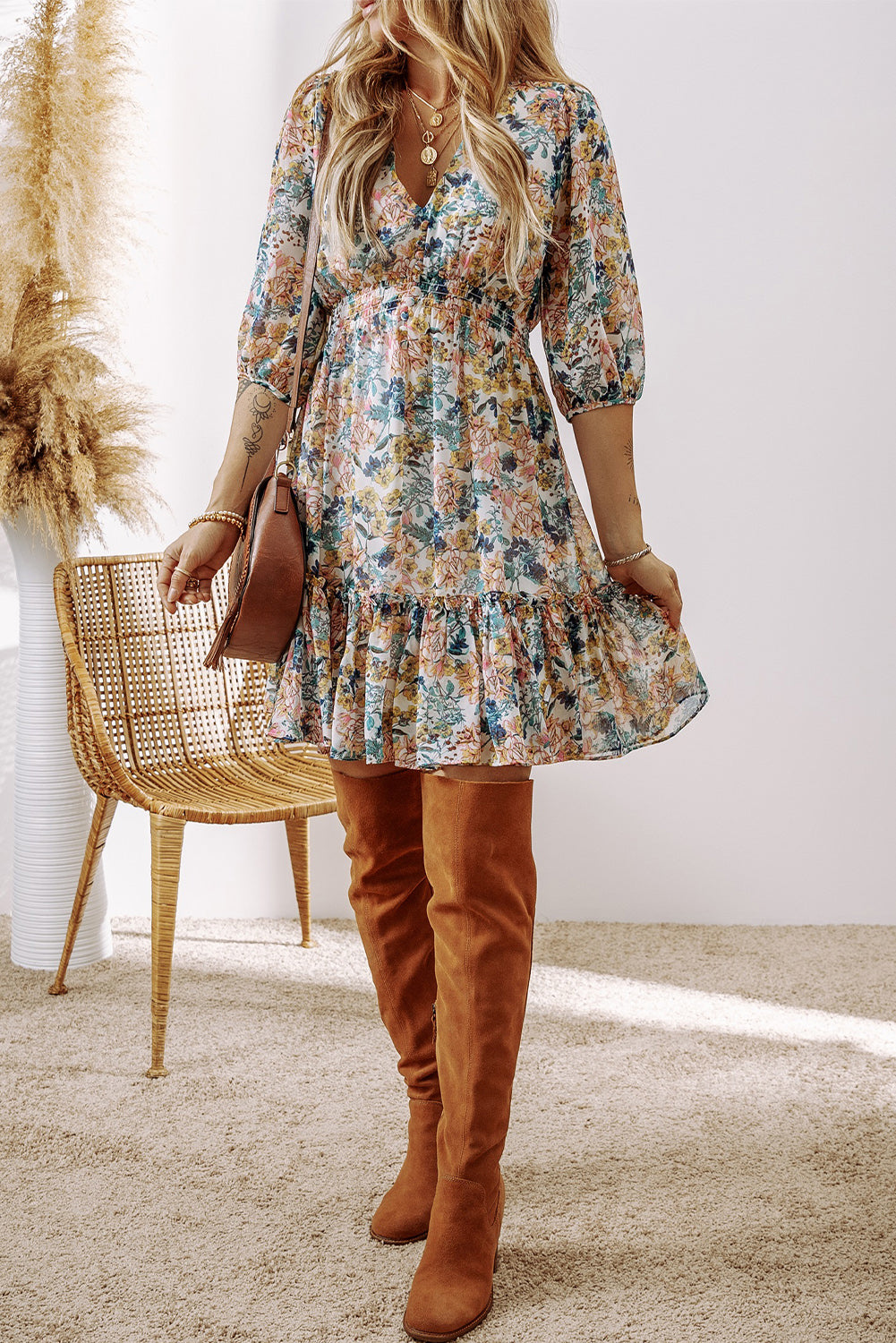 Sky Blue Floral V Neck High Waist Ruffled Dress