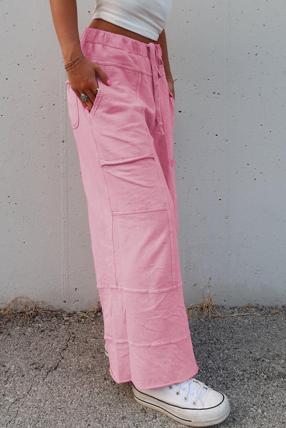 Mineral Wash Drawstring High Waist Wide Leg Cargo Pants