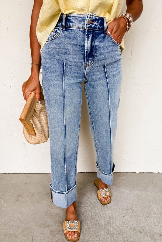 Center Seam Cuffed Straight High Waist Jeans