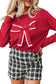 Black Contrast Trim Big Bow Accent Holiday Cropped Sweater