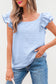 Blue Textured Bow Knot Frilled Butterfly Sleeve Blouse