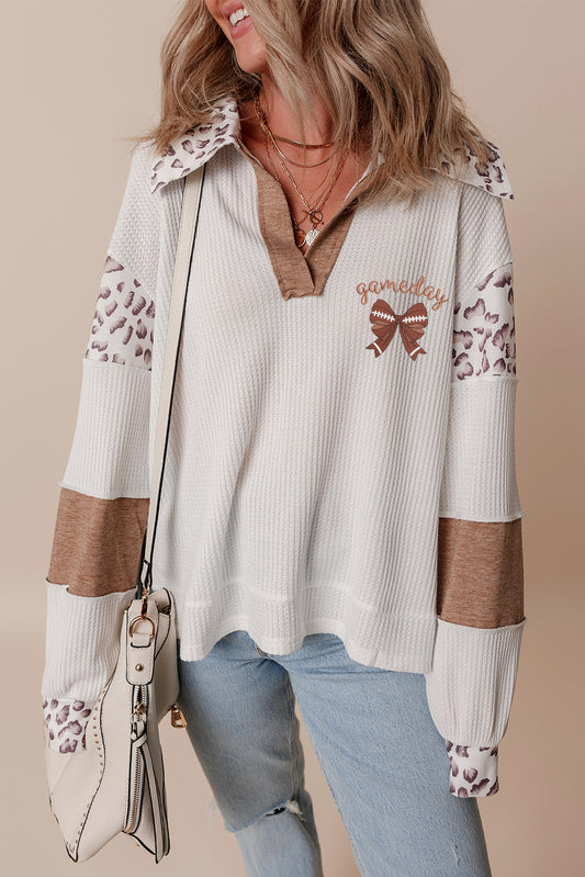 White game day Football Bow Embroidered Color Block Sweater