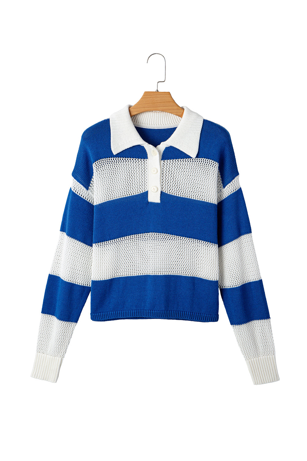 Blue Stripe Colorblock Crochet Knitted Sweater