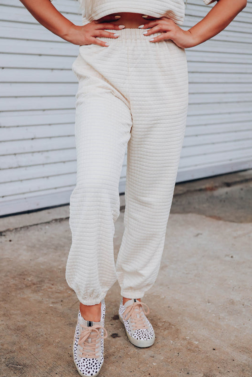 White Textured Cropped Tee and Jogger Pants Set