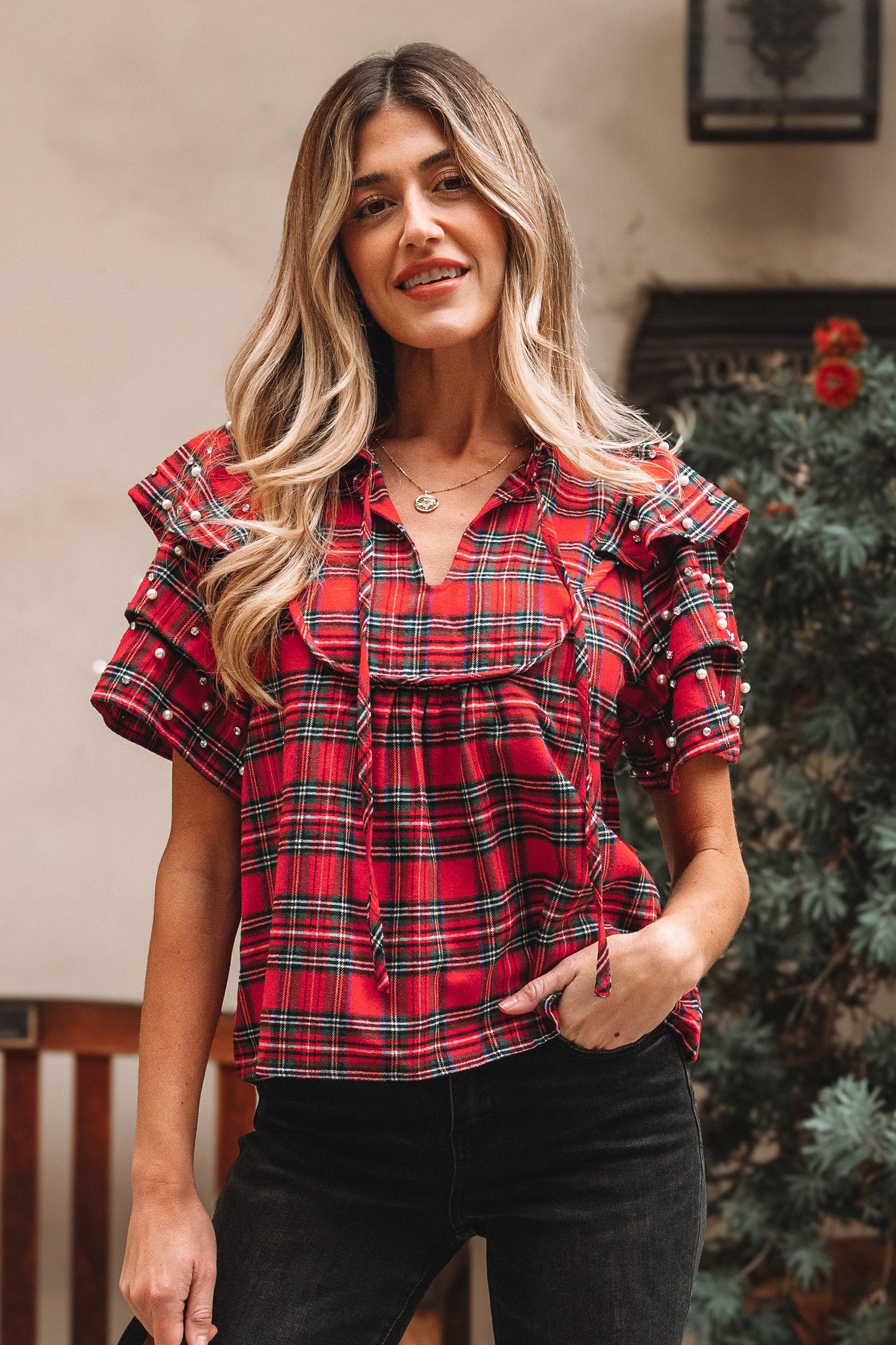 Festive Plaid Pearl Embellished Blouse