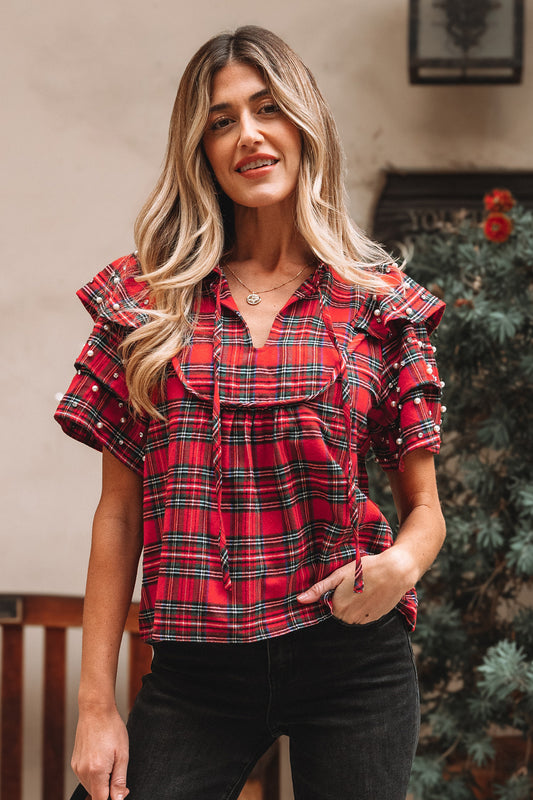 Festive Plaid Pearl Embellished Blouse
