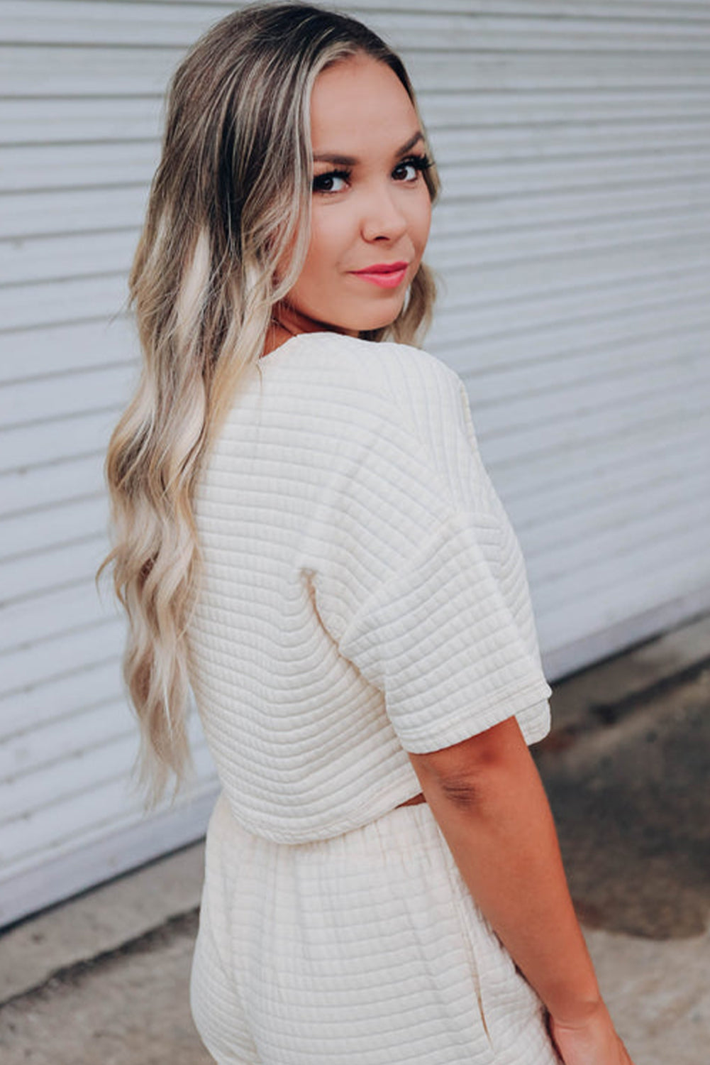 White Textured Cropped Tee and Jogger Pants Set