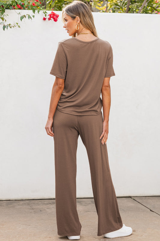 Smoke Gray Solid Color T Shirt Wide Leg Pants Set
