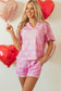Pink Waffle Knit Bowknot Printed T Shirt and Shorts Set