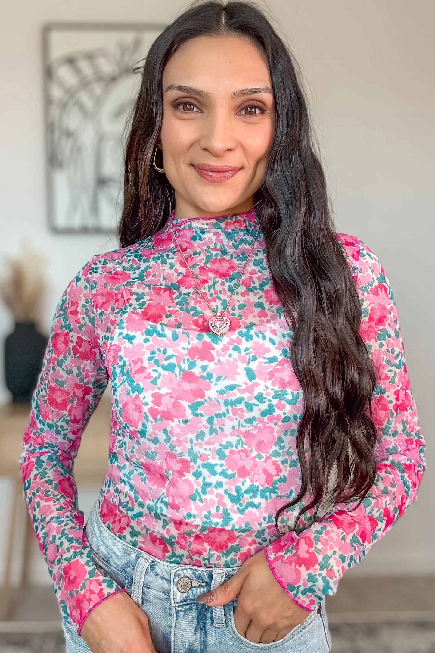 Floral Mesh Mock Neck Top