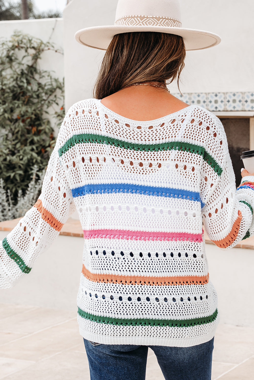 White Color Block Striped Knit Sweater