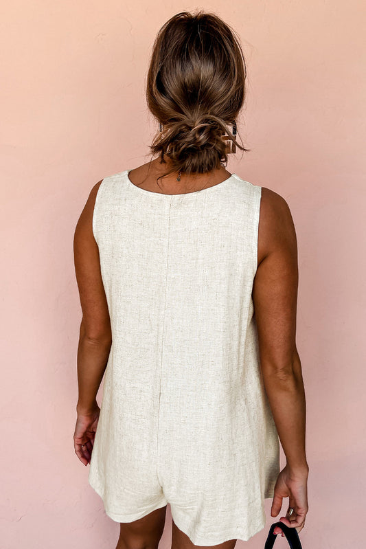 Beige Sleeveless V Neck Buttoned Romper