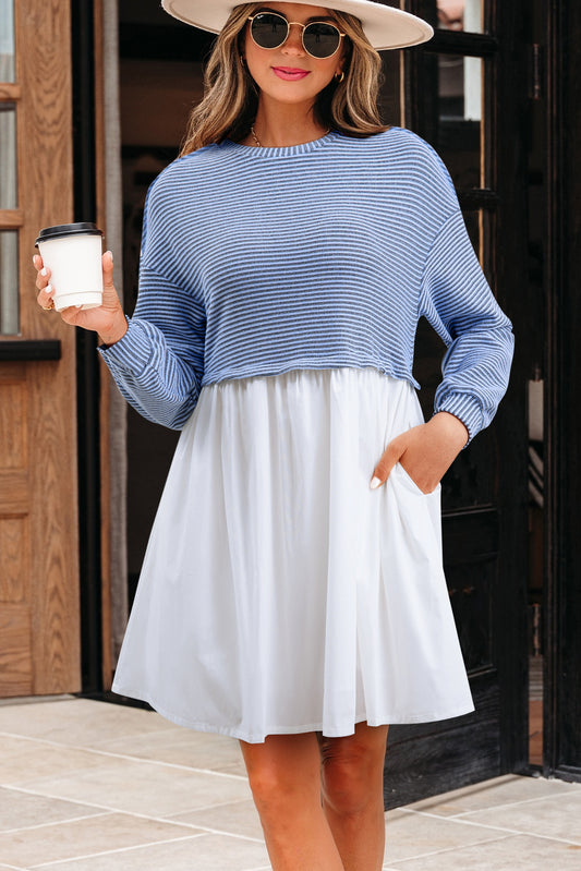 Sky Blue Stripe Pleated High Waist Dress