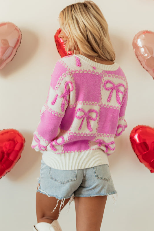 Pink Bow Checkered Crew Neck Sweater