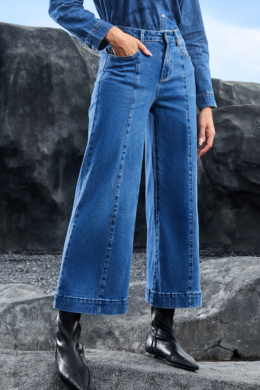 Dark Blue Flared Ankle Length Jeans