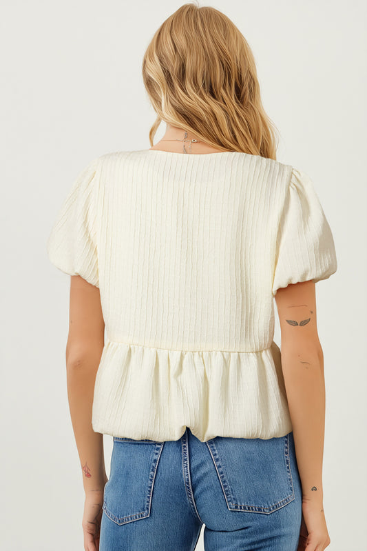 White Textured Bow Bubble Hem Puff Short Sleeve Blouse