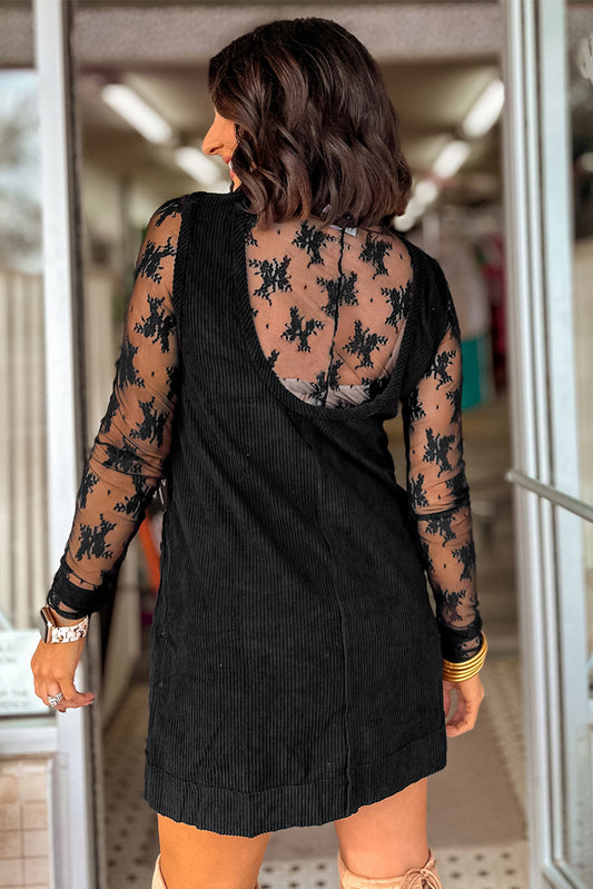 Black Corduroy Mini Dress With Pockets
