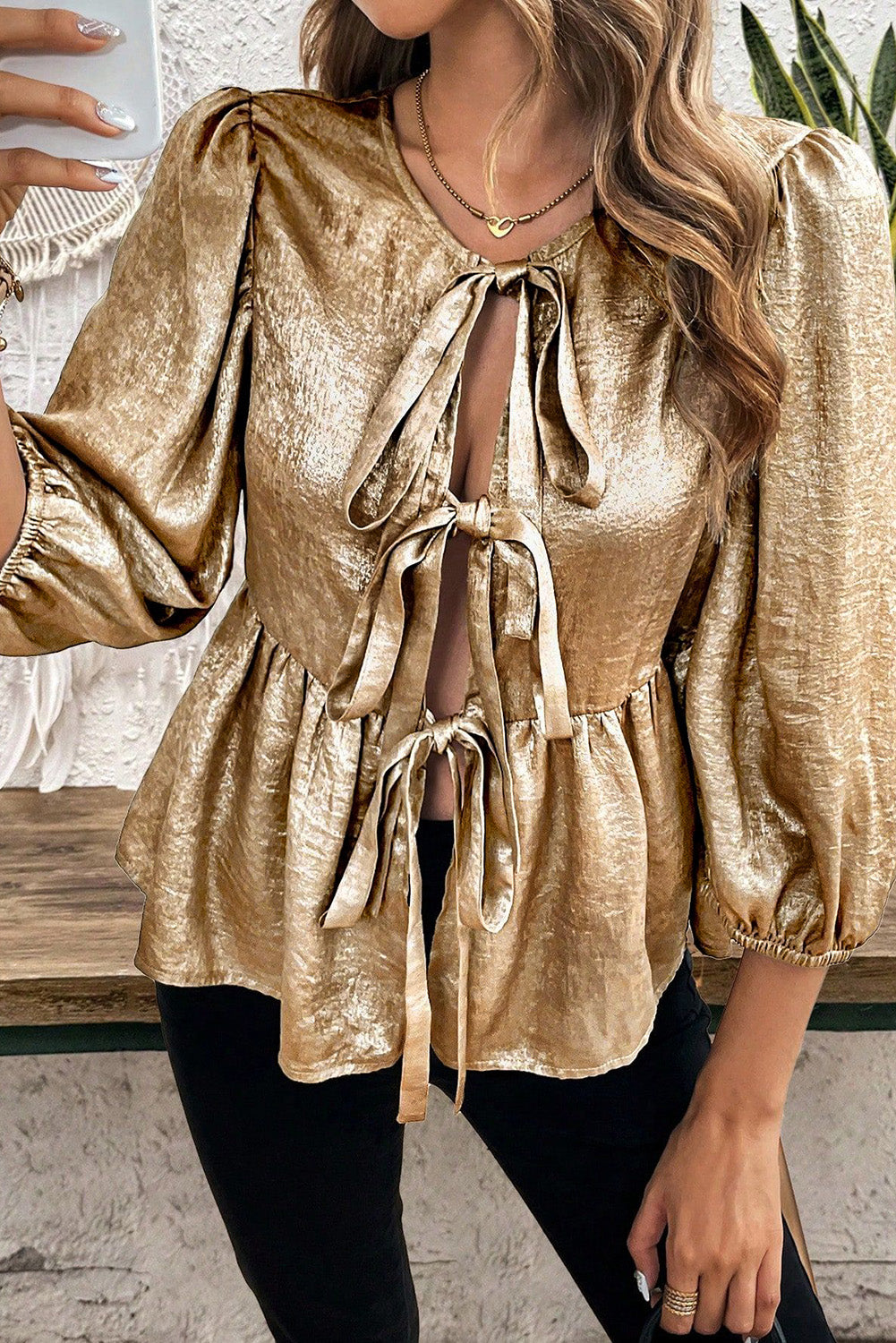 Gold Bow Tie Long Sleeve Top