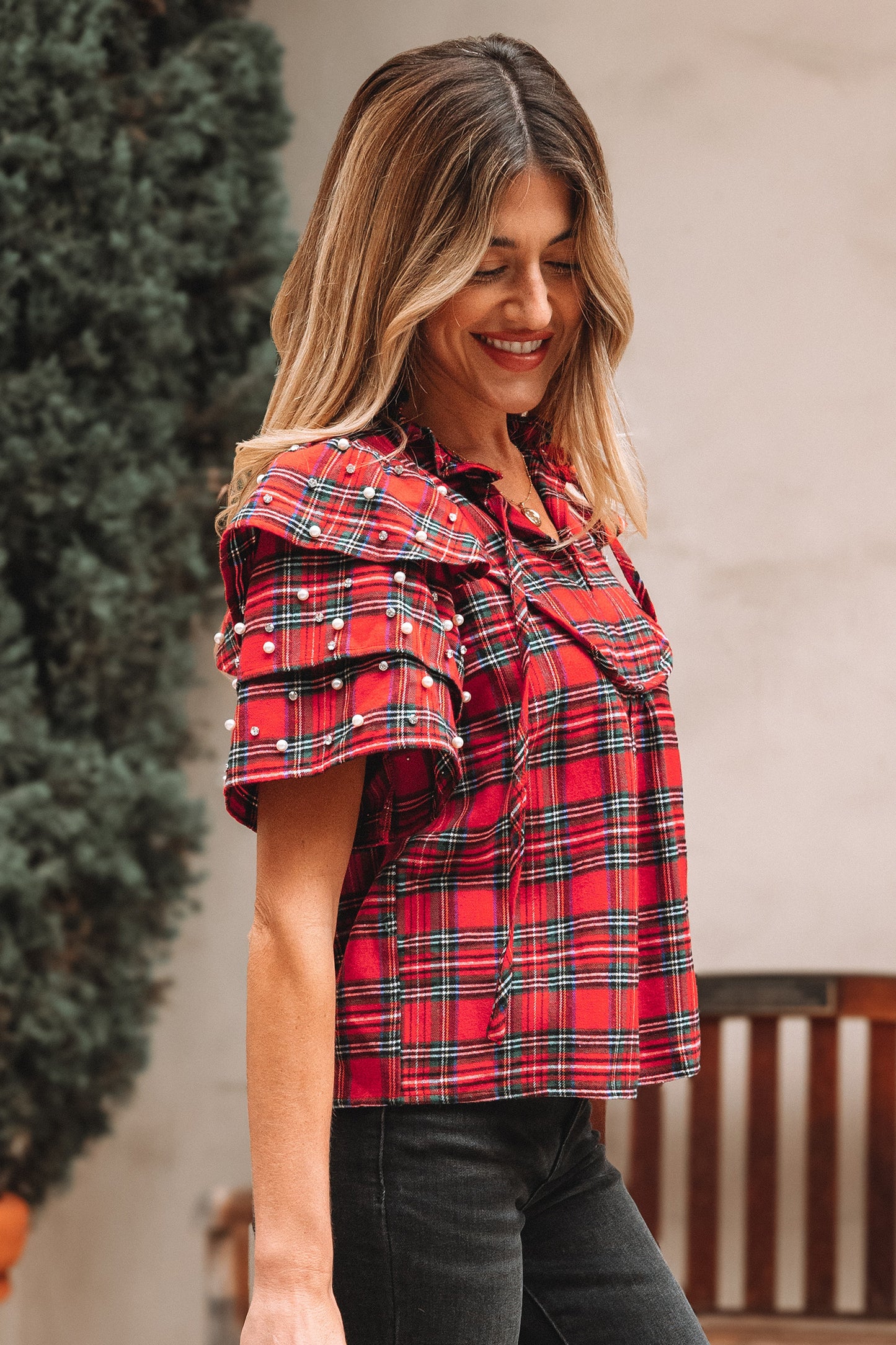 Festive Plaid Pearl Embellished Blouse
