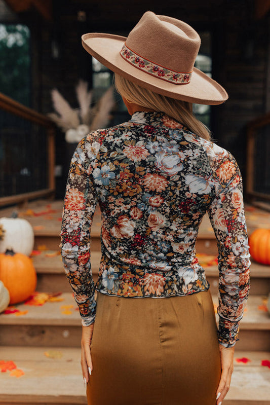 Brown Floral Long Sleeve Mesh Blouse