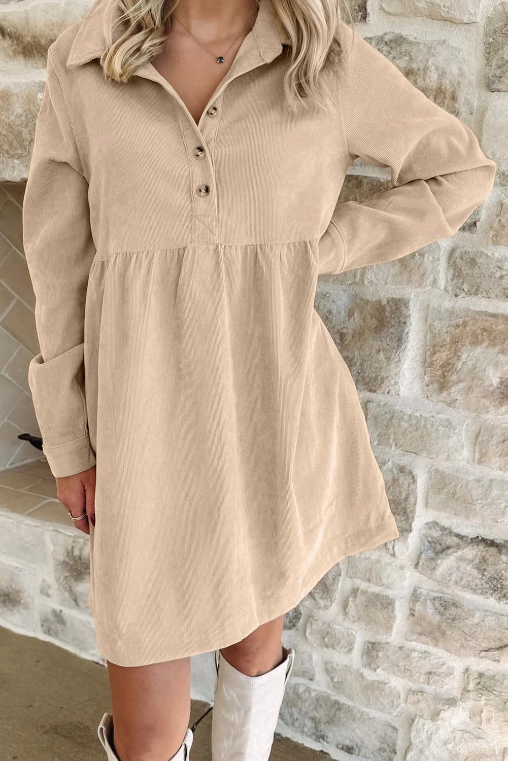 Corduroy Collared Long Sleeve Mini Dress