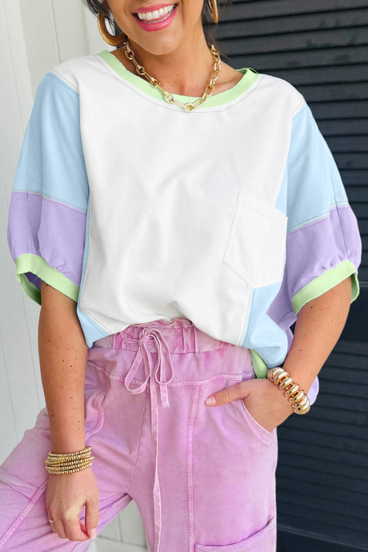 White Color Block Patchwork Oversized T Shirt