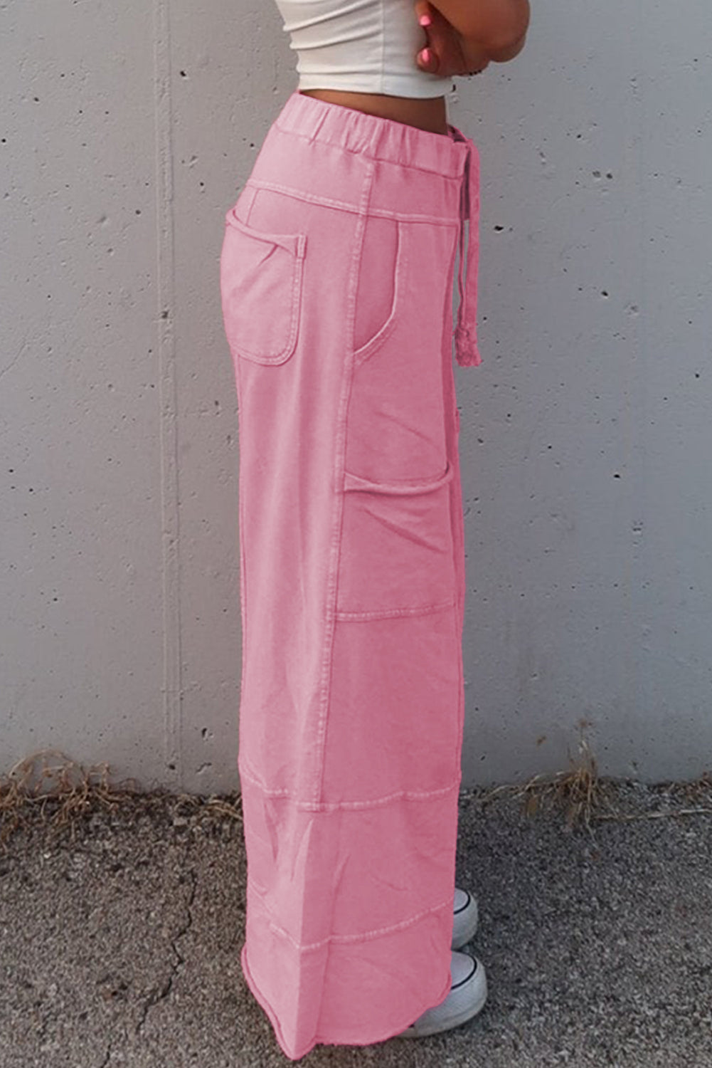 Mineral Wash Drawstring High Waist Wide Leg Cargo Pants