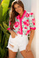Rose Floral Frilled V Neck Short Sleeve Blouse