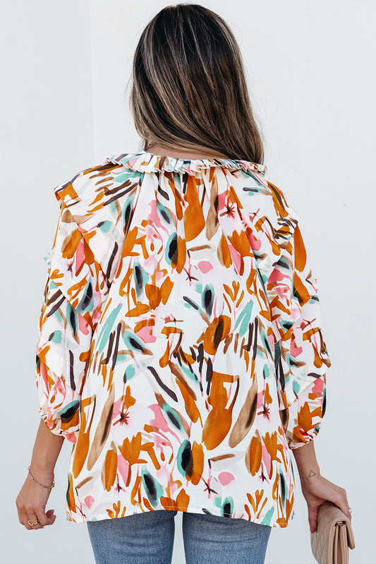 Yellow Abstract Print Drawstring Frilled V Neck Blouse